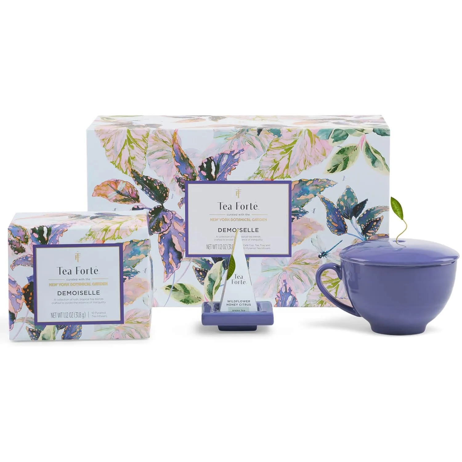 Tea Forte Demoiselle 3-Piece Premium Mother's Day Tea Gift Set with Indigo Cafe Cup and Lid, Tea Tray and 10 Count Mini Presentation Box, 2 of Each Blend Handcrafted Pyramid Infuser Tea Bags