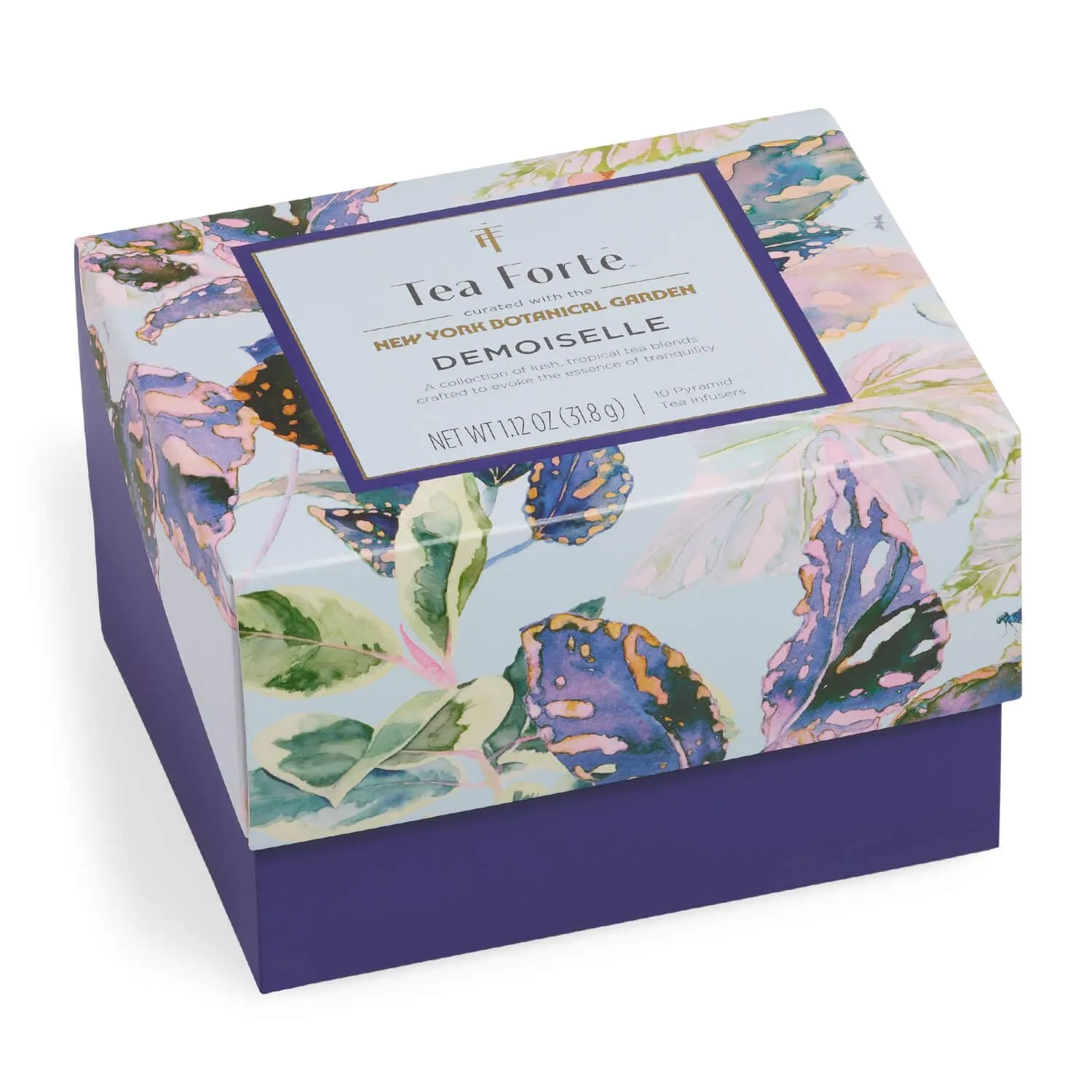 Tea Forte Demoiselle 3-Piece Premium Mother's Day Tea Gift Set with Indigo Cafe Cup and Lid, Tea Tray and 10 Count Mini Presentation Box, 2 of Each Blend Handcrafted Pyramid Infuser Tea Bags