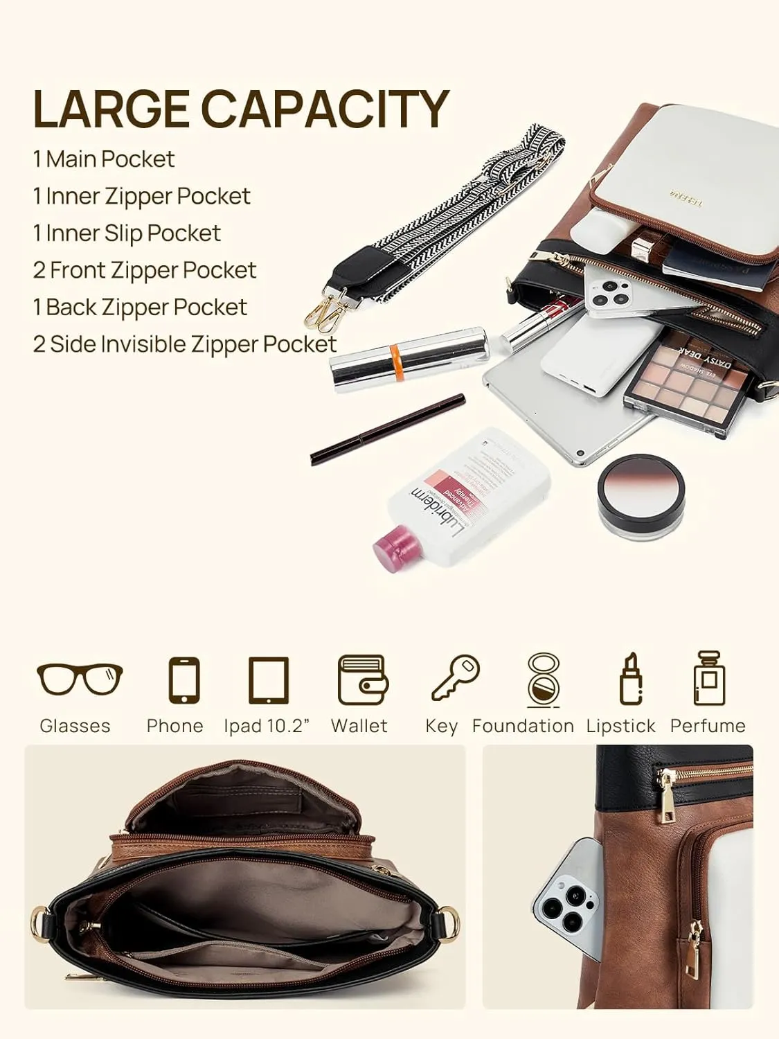 Telena Hobo Bags for Women Leather Purses Crossbody Bag Multi Pockets Large Shoulder Bags with Adjustable Strap