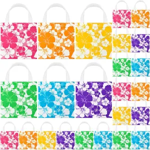 Teling 24 Pcs Hawaiian Party Favor Bags Hibiscus Tote Bags Hawaiian Gift Bags for Kids Tropical Gift Bags Tiki Luau Goodie Bags with Handle Non Woven Summer Birthday Party Supplies