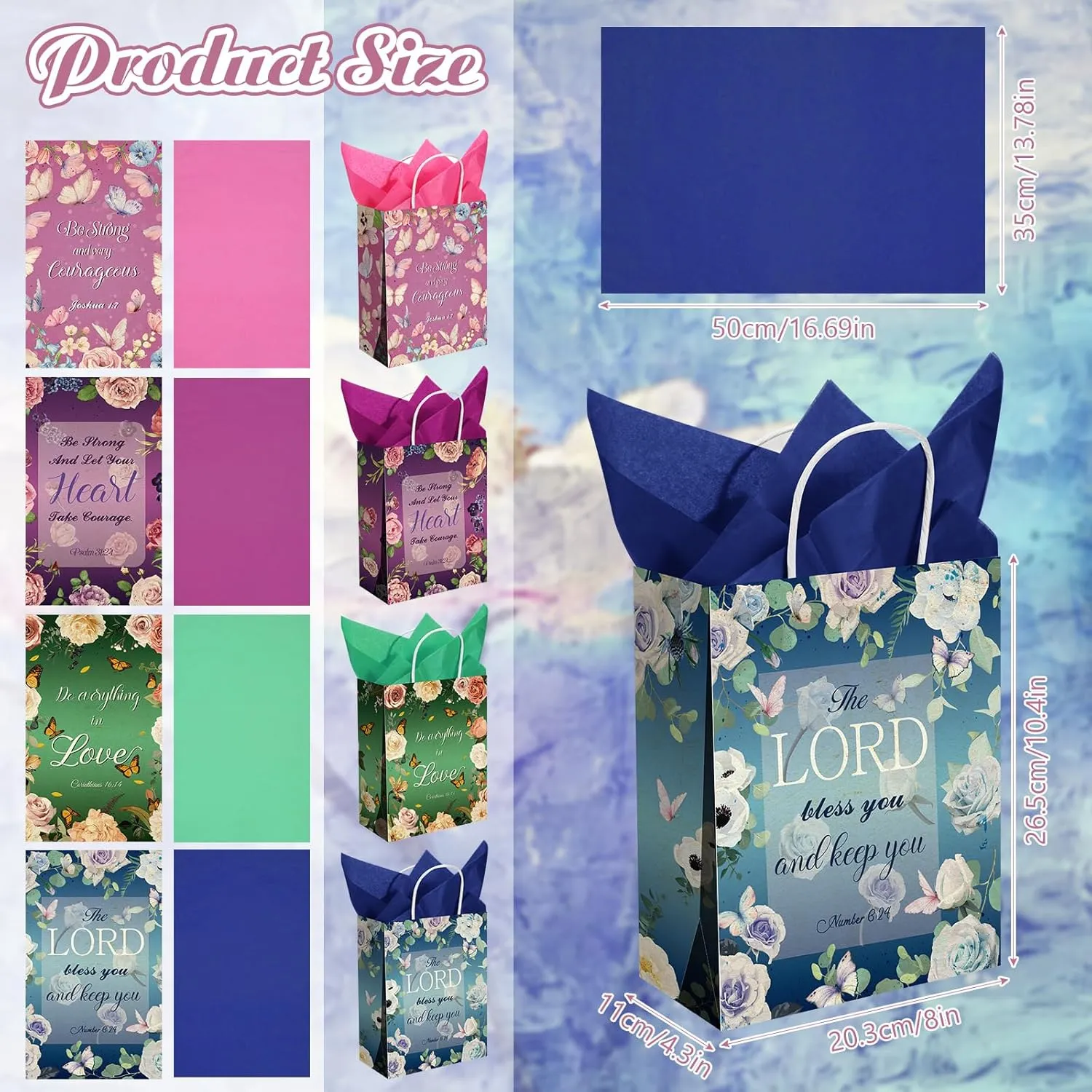 Tenceur 32 Pcs Bible Gift Paper Bags with Handles Christian Religious Gift Bags with 32 Tissues Inspirational Flower Party Favors for Wedding Birthday