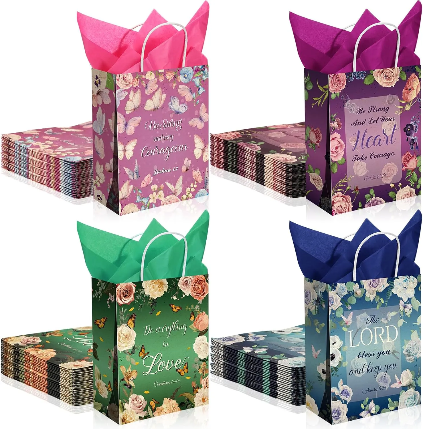 Tenceur 32 Pcs Bible Gift Paper Bags with Handles Christian Religious Gift Bags with 32 Tissues Inspirational Flower Party Favors for Wedding Birthday