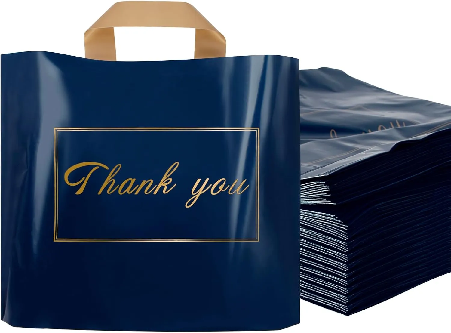 Thank You Plastic Shopping Bags for Small Businesses, Extra Thick Bulk Merchandise Gift Bags with Handles for Customers Party Favors, Blue 50 Pack