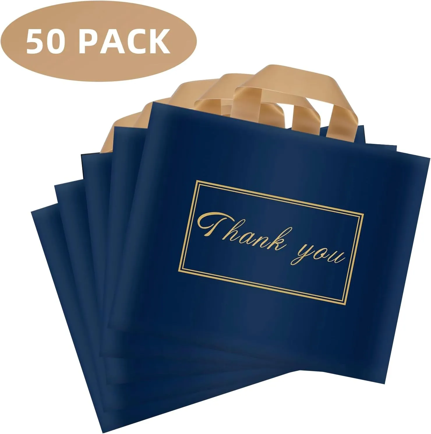 Thank You Plastic Shopping Bags for Small Businesses, Extra Thick Bulk Merchandise Gift Bags with Handles for Customers Party Favors, Blue 50 Pack