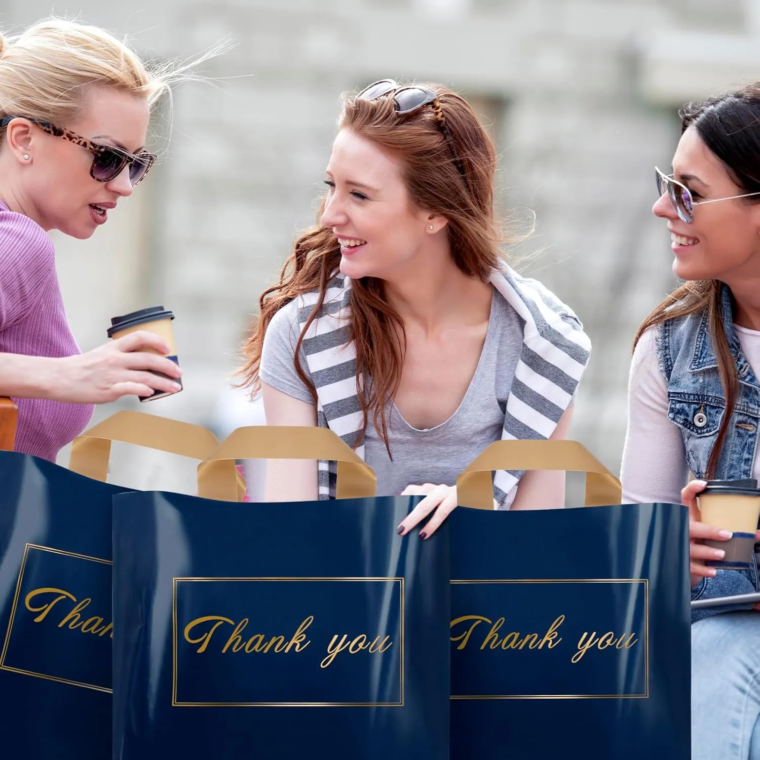 Thank You Plastic Shopping Bags for Small Businesses, Extra Thick Bulk Merchandise Gift Bags with Handles for Customers Party Favors, Blue 50 Pack