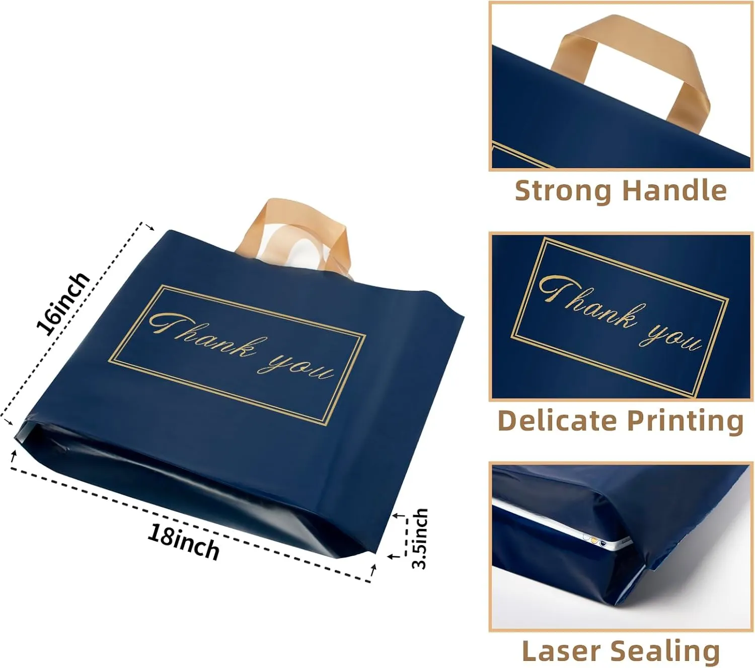 Thank You Plastic Shopping Bags for Small Businesses, Extra Thick Bulk Merchandise Gift Bags with Handles for Customers Party Favors, Blue 50 Pack