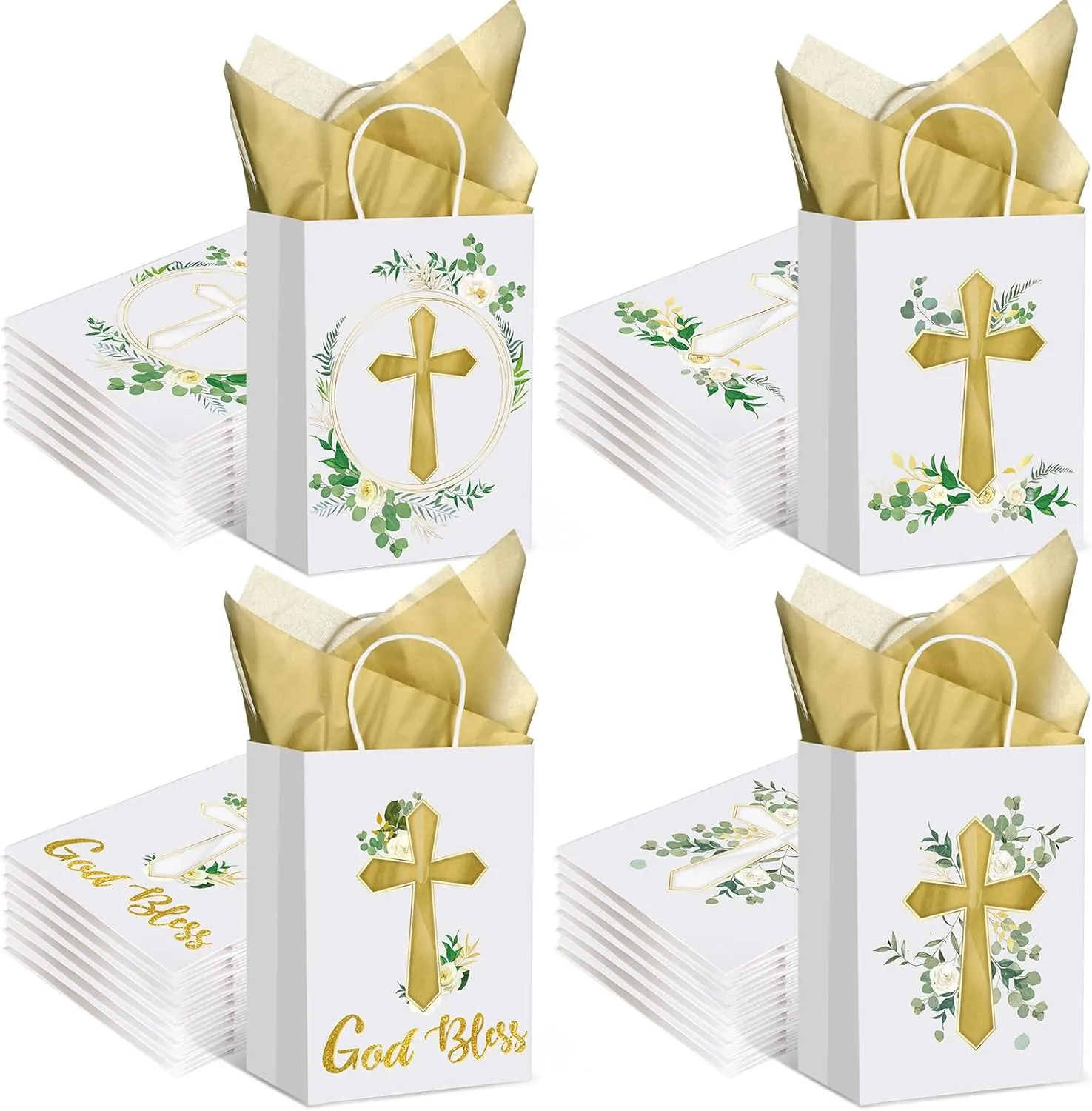Thenshop 24 Pack Christian Gift Bags with Tissue Paper Baptism First Communion Gifts Bag Christening Religious Party Bag Cross God Bless Bag with Handle for First Communion Baptism Church Party Favor