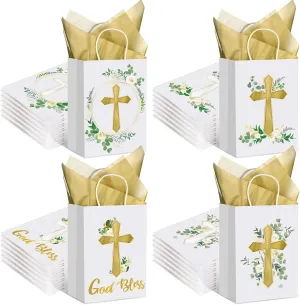 Thenshop 24 Pack Christian Gift Bags with Tissue Paper Baptism First Communion Gifts Bag Christening Religious Party Bag Cross God Bless Bag with Handle for First Communion Baptism Church Party Favor