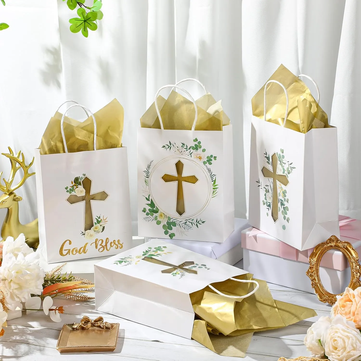 Thenshop 24 Pack Christian Gift Bags with Tissue Paper Baptism First Communion Gifts Bag Christening Religious Party Bag Cross God Bless Bag with Handle for First Communion Baptism Church Party Favor