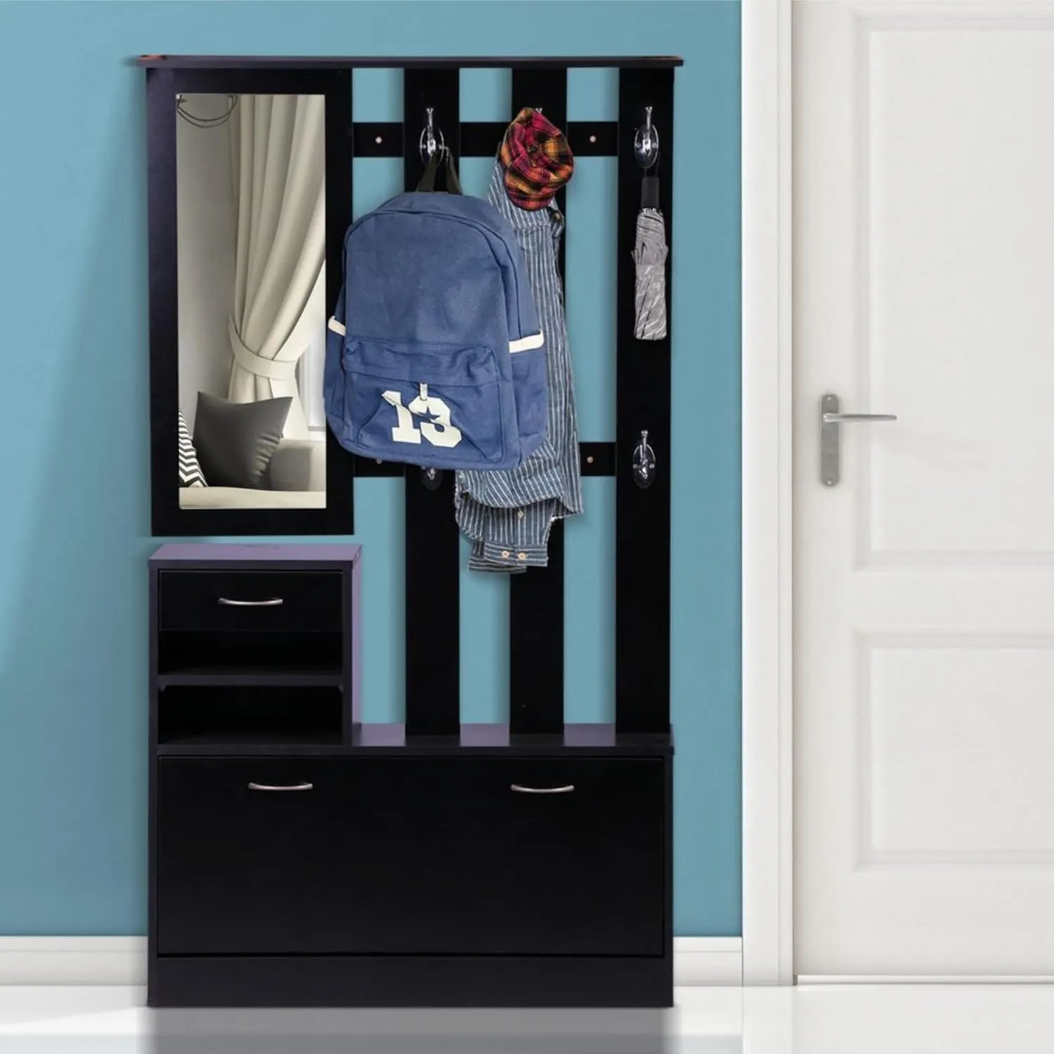 Three in One Combination Model Gate Cabinet with Shoe Storage, Stylish Mirror, and Hang Shelf, Modern Matte Black Design
