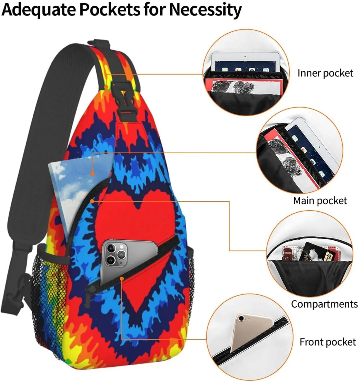 Tie Dye Swirl Rainbow Chest Bags Crossbody Sling Bag Shoulder Bag Travel Hiking Daypack For Men Women