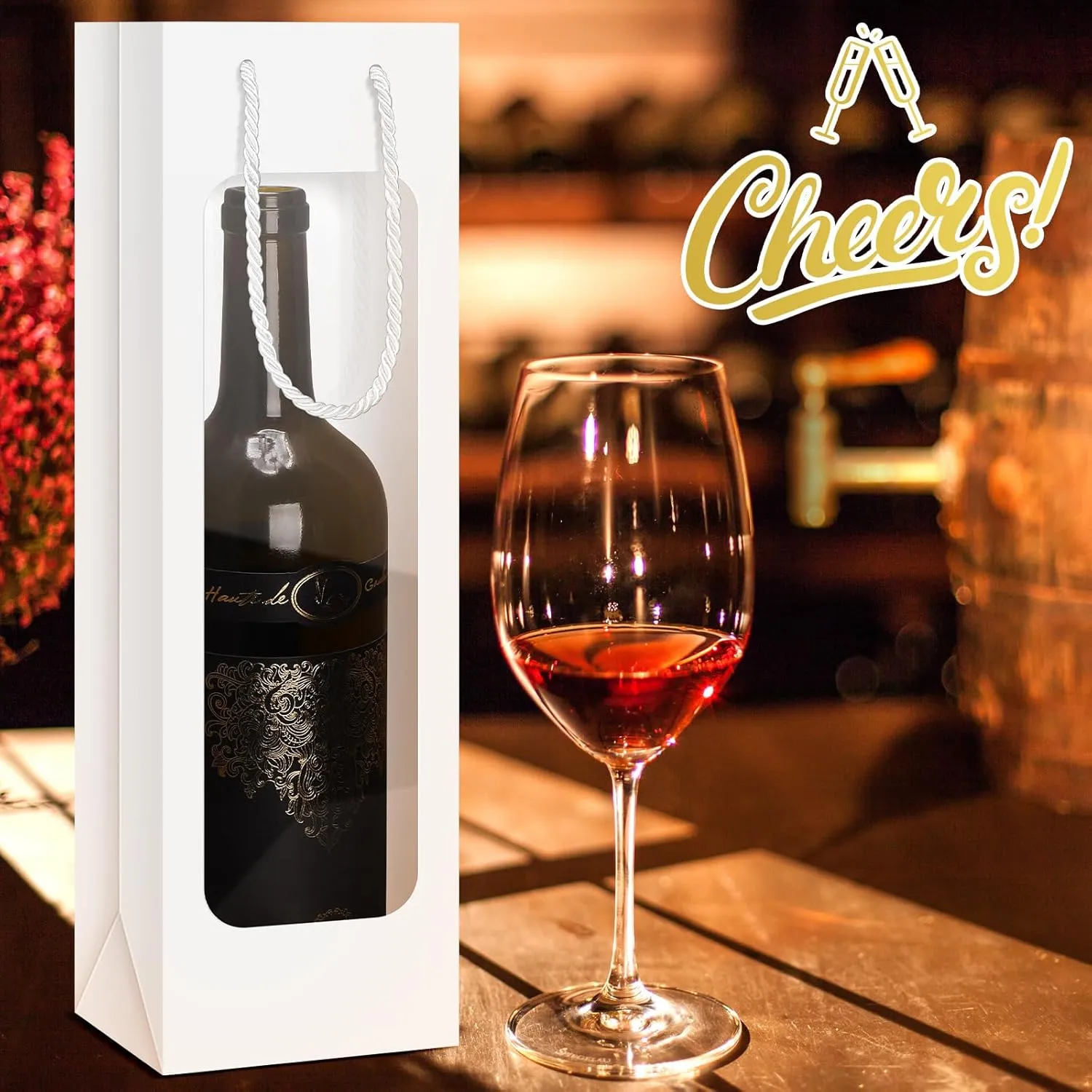 Tioncy 24 Pcs Single Wine Bottle Gift Bag, Clear Window Wine Bags for Wedding Reusable Flower Boxes Bulk with Handles for Holiday Birthday(White)