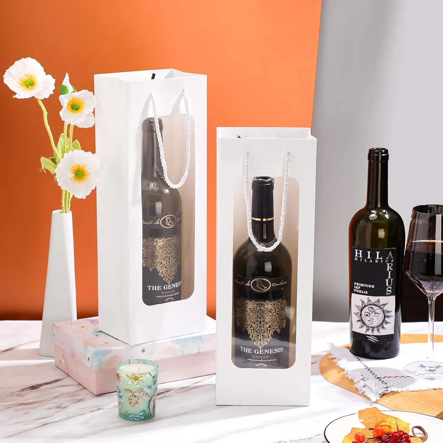 Tioncy 24 Pcs Single Wine Bottle Gift Bag, Clear Window Wine Bags for Wedding Reusable Flower Boxes Bulk with Handles for Holiday Birthday(White)