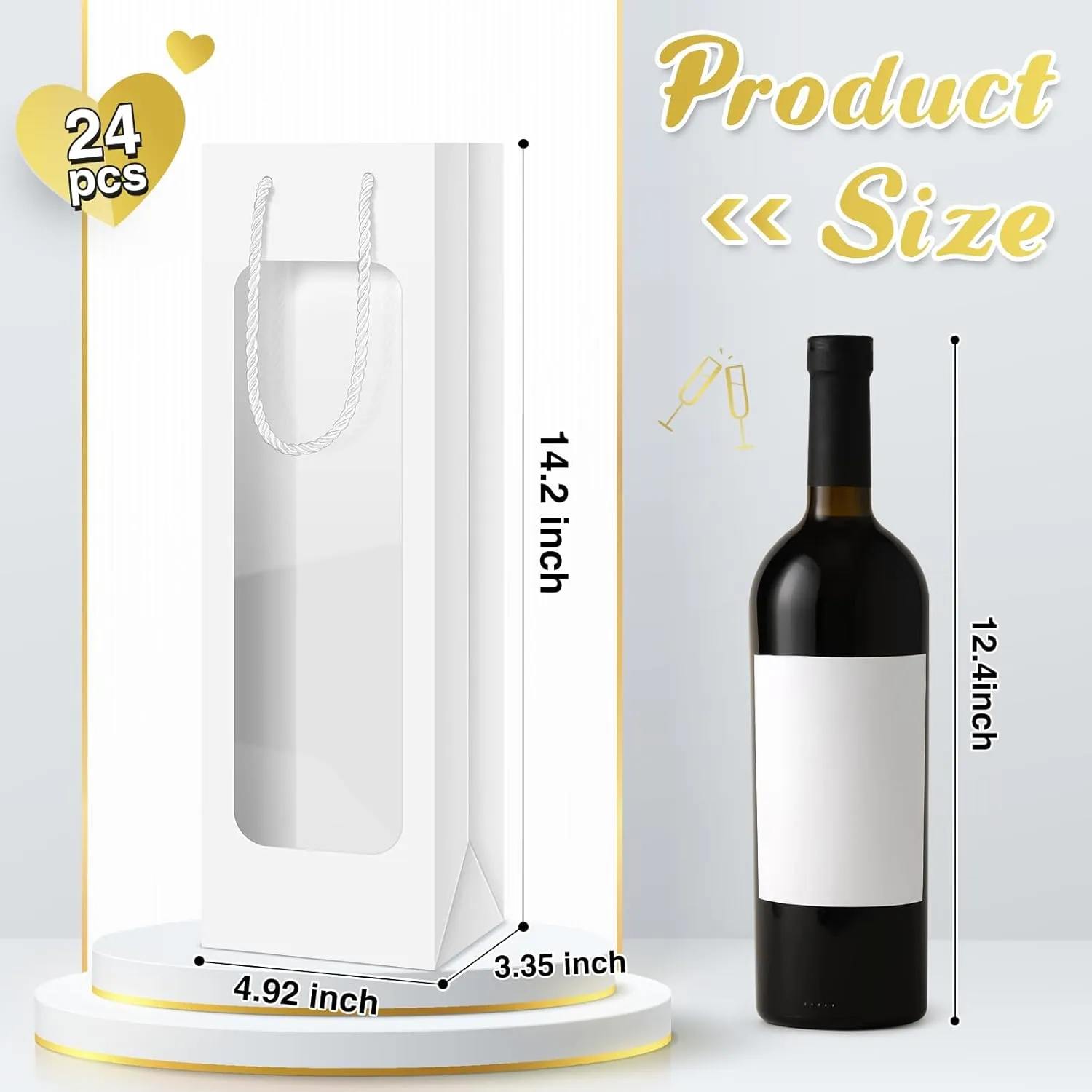 Tioncy 24 Pcs Single Wine Bottle Gift Bag, Clear Window Wine Bags for Wedding Reusable Flower Boxes Bulk with Handles for Holiday Birthday(White)