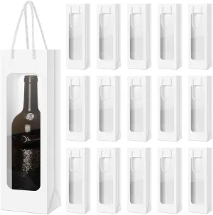 Tioncy 24 Pcs Single Wine Bottle Gift Bag, Clear Window Wine Bags for Wedding Reusable Flower Boxes Bulk with Handles for Holiday Birthday(White)