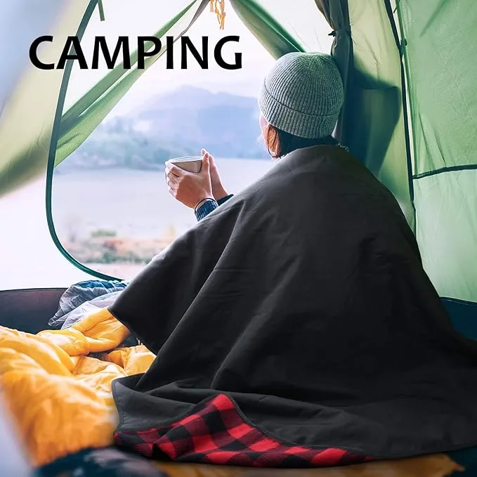 Tirrinia Outdoors Waterproof Throw Blanket, 51”x 59” Lightweight Fleece Stadium Windproof Mat for Boat, Traveling, Camping, Hiking, Football - Machine Washable, Red-Black Plaid