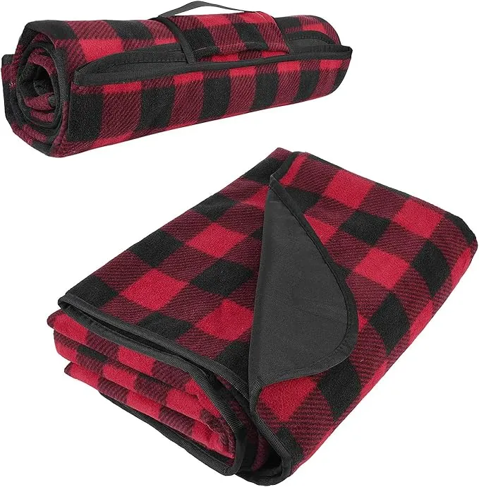 Tirrinia Outdoors Waterproof Throw Blanket, 51”x 59” Lightweight Fleece Stadium Windproof Mat for Boat, Traveling, Camping, Hiking, Football - Machine Washable, Red-Black Plaid