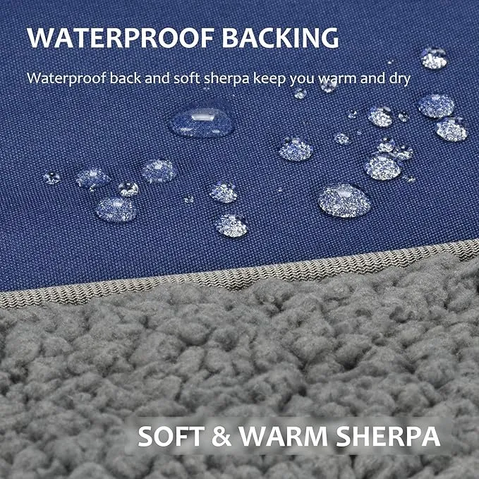 Tirrinia Outdoors Waterproof Throw Blanket, 51”x 59” Sherpa Fleece Stadium Windproof Mat Boat, Traveling, Camping, Hiking, Football - Machine Washable, Navy Blue