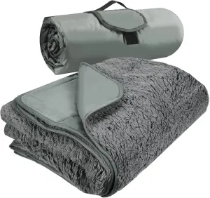 Tirrinia Outdoors Waterproof Throw Blanket, 51”x 59” Sherpa Fleece Stadium Windproof Mat for Boat, Traveling, Camping, Hiking, Football - Machine Washable, Light Grey