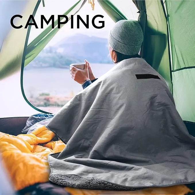 Tirrinia Outdoors Waterproof Throw Blanket, 51”x 59” Sherpa Fleece Stadium Windproof Mat for Boat, Traveling, Camping, Hiking, Football - Machine Washable, Light Grey