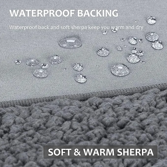 Tirrinia Outdoors Waterproof Throw Blanket, 51”x 59” Sherpa Fleece Stadium Windproof Mat for Boat, Traveling, Camping, Hiking, Football - Machine Washable, Light Grey