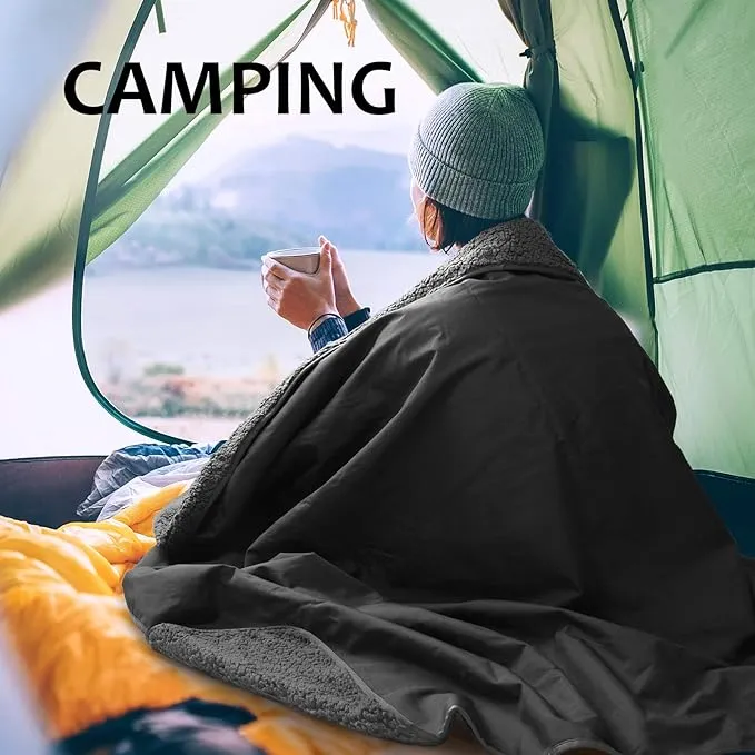 Tirrinia Outdoors Waterproof Throw Blanket, Sherpa Fleece Stadium Windproof Mat for Camping, Picnic, Traveling, Boat, Football - Machine Washable, Black