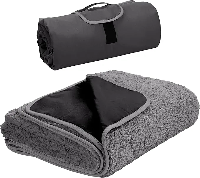 Tirrinia Outdoors Waterproof Throw Blanket, Sherpa Fleece Stadium Windproof Mat for Camping, Picnic, Traveling, Boat, Football - Machine Washable, Black