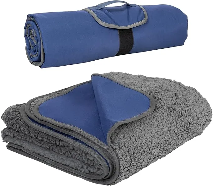 Tirrinia Outdoors Waterproof Throw Blanket, Sherpa Fleece Stadium Windproof Mat for Camping, Picnic, Traveling, Boat, Football - Machine Washable, Navy