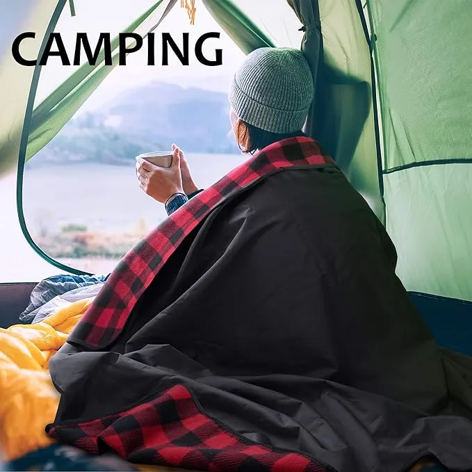 Tirrinia Outdoors Waterproof Throw Blanket, Sherpa Fleece Stadium Windproof Mat for Camping, Picnic, Traveling, Boat, Football - Machine Washable, Red-Black Plaid