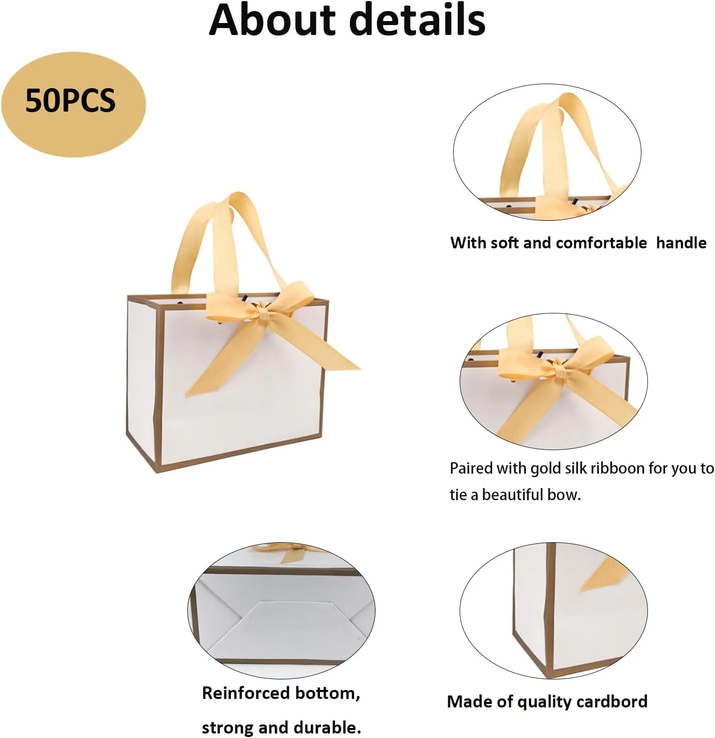TKSBAG 50 PCS Small White Gold Gift Bags with Bow Ribbon - 6.4x3.1x5.1 Inch Thank You Bags with Handles, Bulk for Baby Shower, Bridal Shower, Wedding, Mother's Day, Party Favors