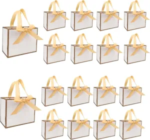 TKSBAG 50 PCS Small White Gold Gift Bags with Bow Ribbon - 6.4x3.1x5.1 Inch Thank You Bags with Handles, Bulk for Baby Shower, Bridal Shower, Wedding, Mother's Day, Party Favors