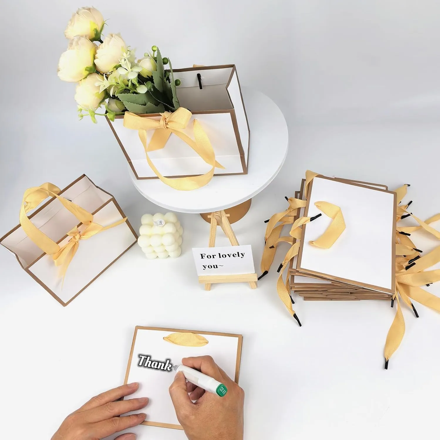 TKSBAG 50 PCS Small White Gold Gift Bags with Bow Ribbon - 6.4x3.1x5.1 Inch Thank You Bags with Handles, Bulk for Baby Shower, Bridal Shower, Wedding, Mother's Day, Party Favors