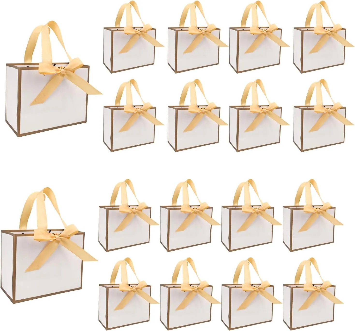 TKSBAG 50 PCS Small White Gold Gift Bags with Bow Ribbon - 6.4x3.1x5.1 Inch Thank You Bags with Handles, Bulk for Baby Shower, Bridal Shower, Wedding, Mother's Day, Party Favors