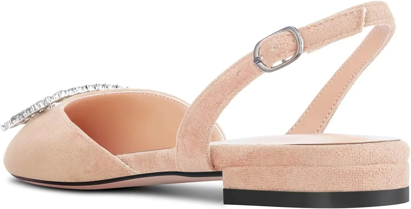 TNYNFBEB Women Chunky Block Low Heel Pointed Toe Flats Shoes Slingback Buckle Rhinestone Crystal Party Cute 0.6 Inches Heels
