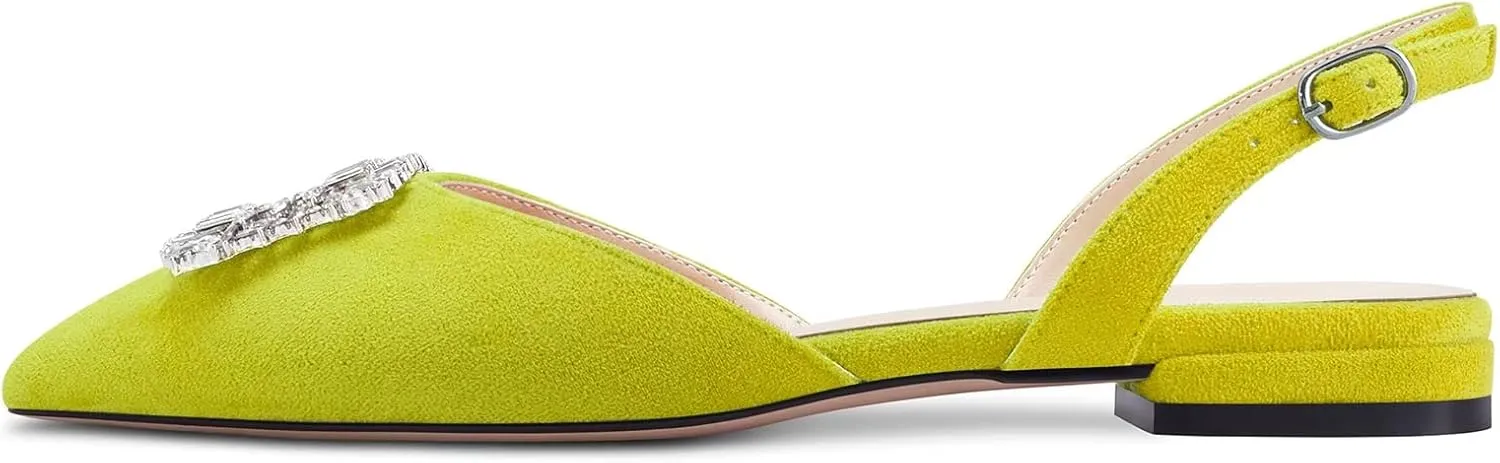 TNYNFBEB Women Chunky Block Low Heel Pointed Toe Flats Shoes Slingback Buckle Rhinestone Crystal Party Cute 0.6 Inches Heels