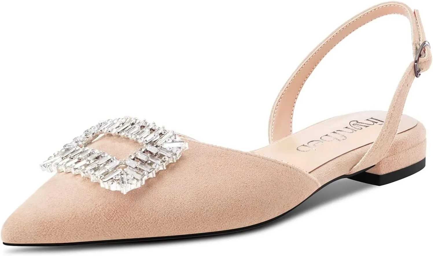 TNYNFBEB Women Chunky Block Low Heel Pointed Toe Flats Shoes Slingback Buckle Rhinestone Crystal Party Cute 0.6 Inches Heels