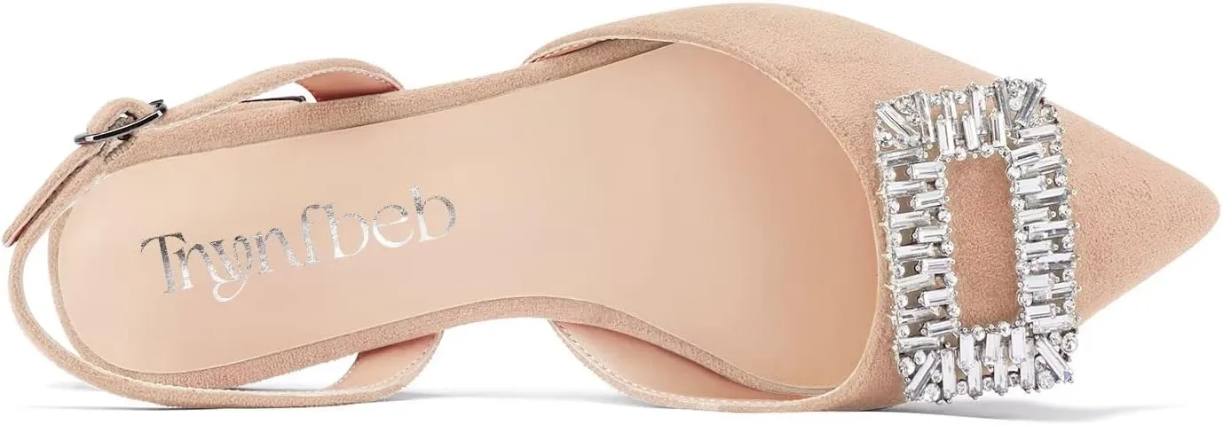TNYNFBEB Women Chunky Block Low Heel Pointed Toe Flats Shoes Slingback Buckle Rhinestone Crystal Party Cute 0.6 Inches Heels
