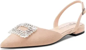 TNYNFBEB Women Chunky Block Low Heel Pointed Toe Flats Shoes Slingback Buckle Rhinestone Crystal Party Cute 0.6 Inches Heels