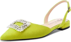 TNYNFBEB Women Chunky Block Low Heel Pointed Toe Flats Shoes Slingback Buckle Rhinestone Crystal Party Cute 0.6 Inches Heels