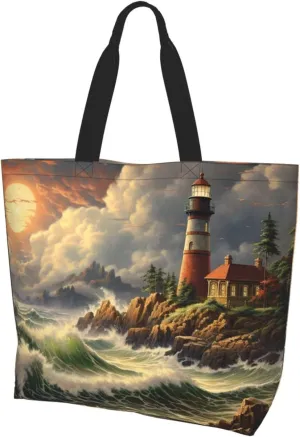 Tote Bag for Women Grocery Bag Reusable Aesthetic Shopping Bags Coast Wave and Lighthouse Beach Handbag