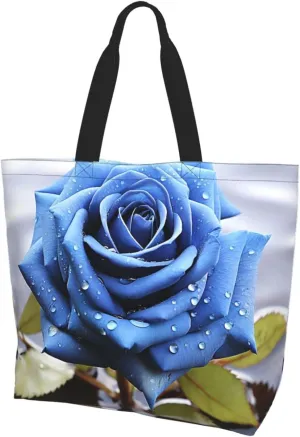 Tote Bag for Women Grocery Bag Reusable Aesthetic Shopping Bags Romantic Blue Rose Beach Handbag