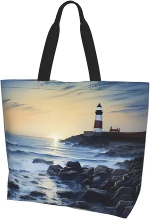 Tote Bag for Women Grocery Bag Reusable Aesthetic Shopping Bags The Seaside Lighthouse Beach Handbag