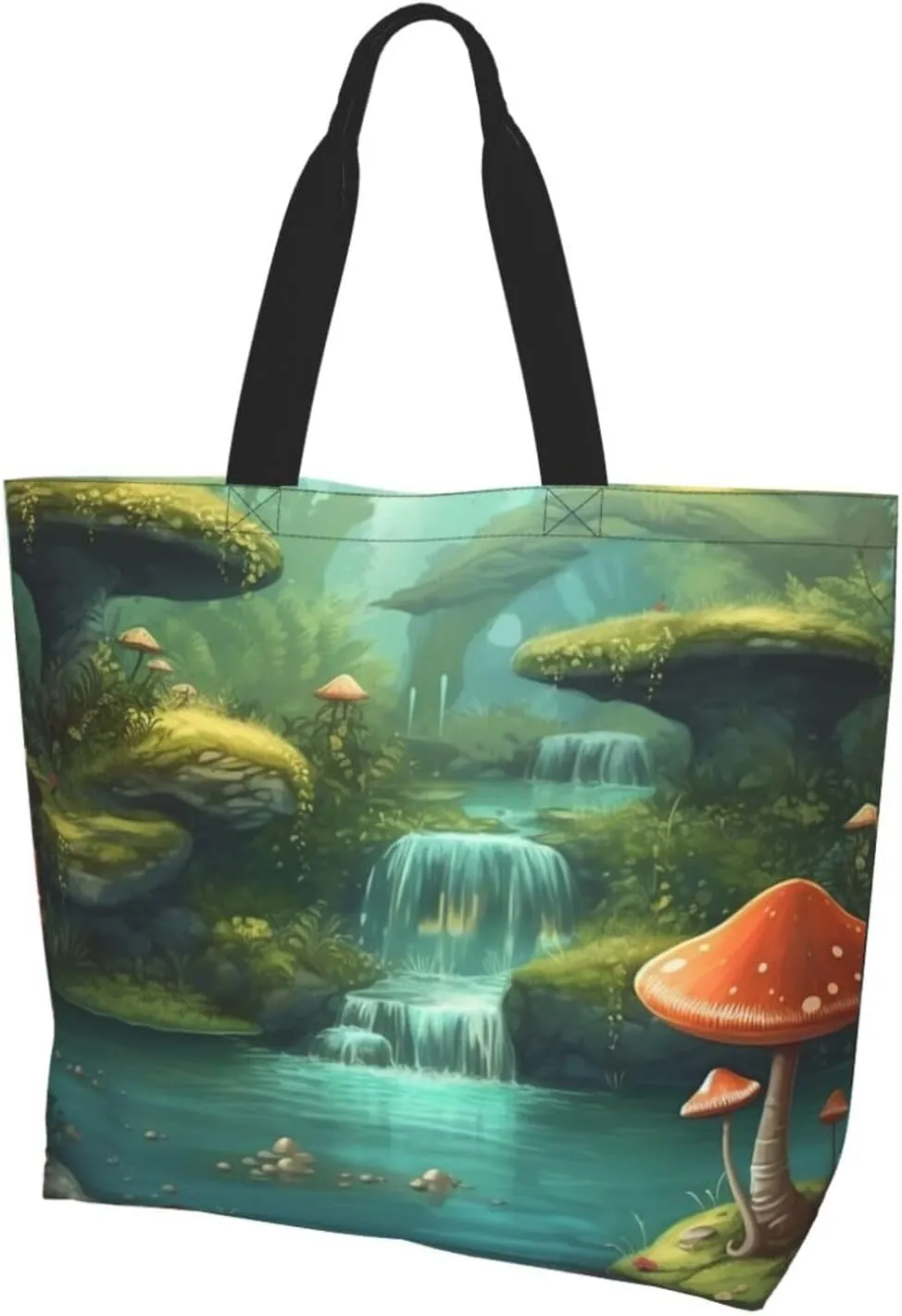 Tote Bag for Women Grocery Bag Reusable Aesthetic Shopping Bags View of Fantasy River with Pond and Fishes Mushroom in Jungle Trees Beach Handbag
