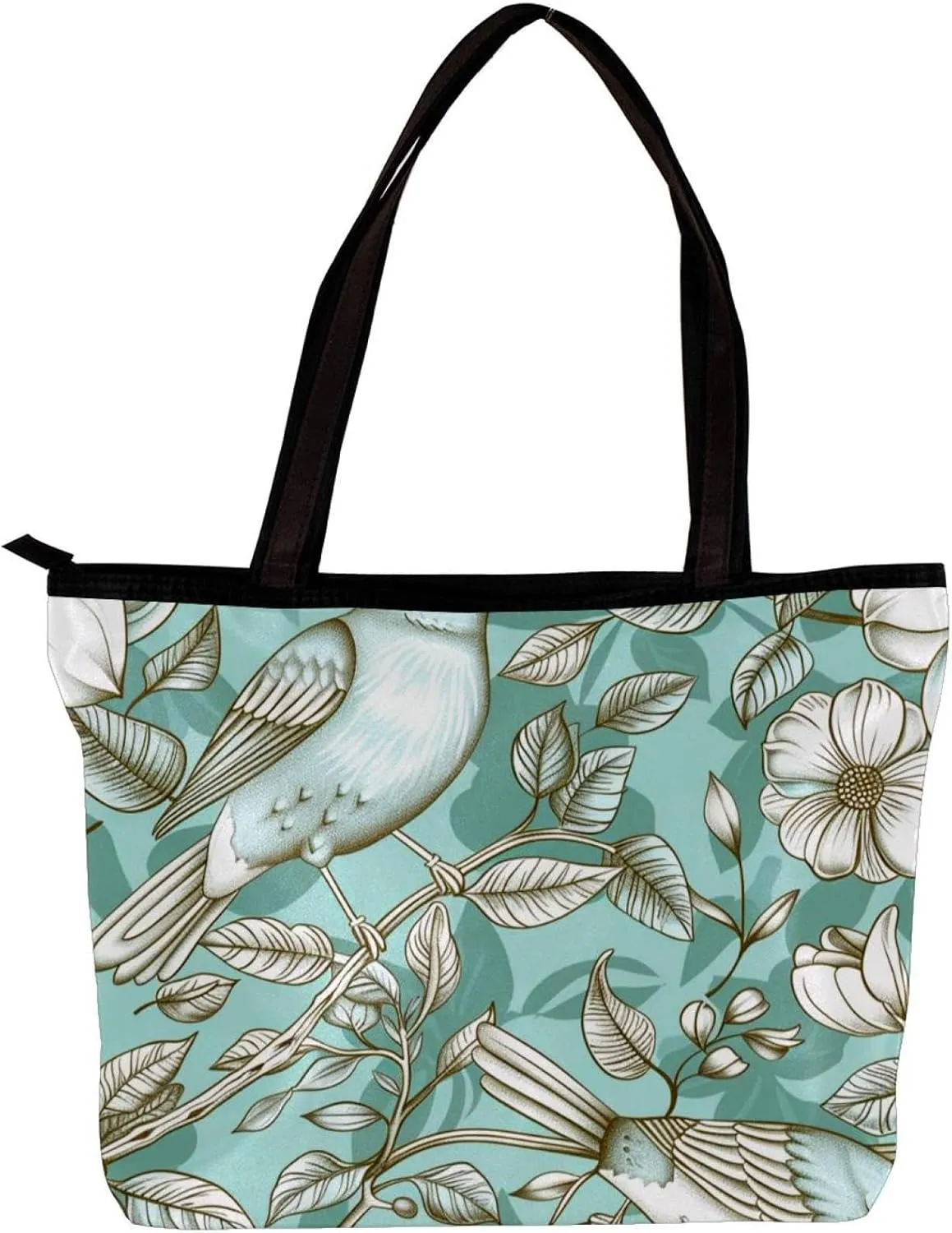 Tote Bag, Large Tote Bags for Women, Tote Bag with Zipper, Modern Flower Butterfly Hummingbird Vintage Art, Womens Tote Bag