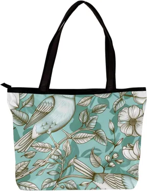 Tote Bag, Large Tote Bags for Women, Tote Bag with Zipper, Modern Flower Butterfly Hummingbird Vintage Art, Womens Tote Bag