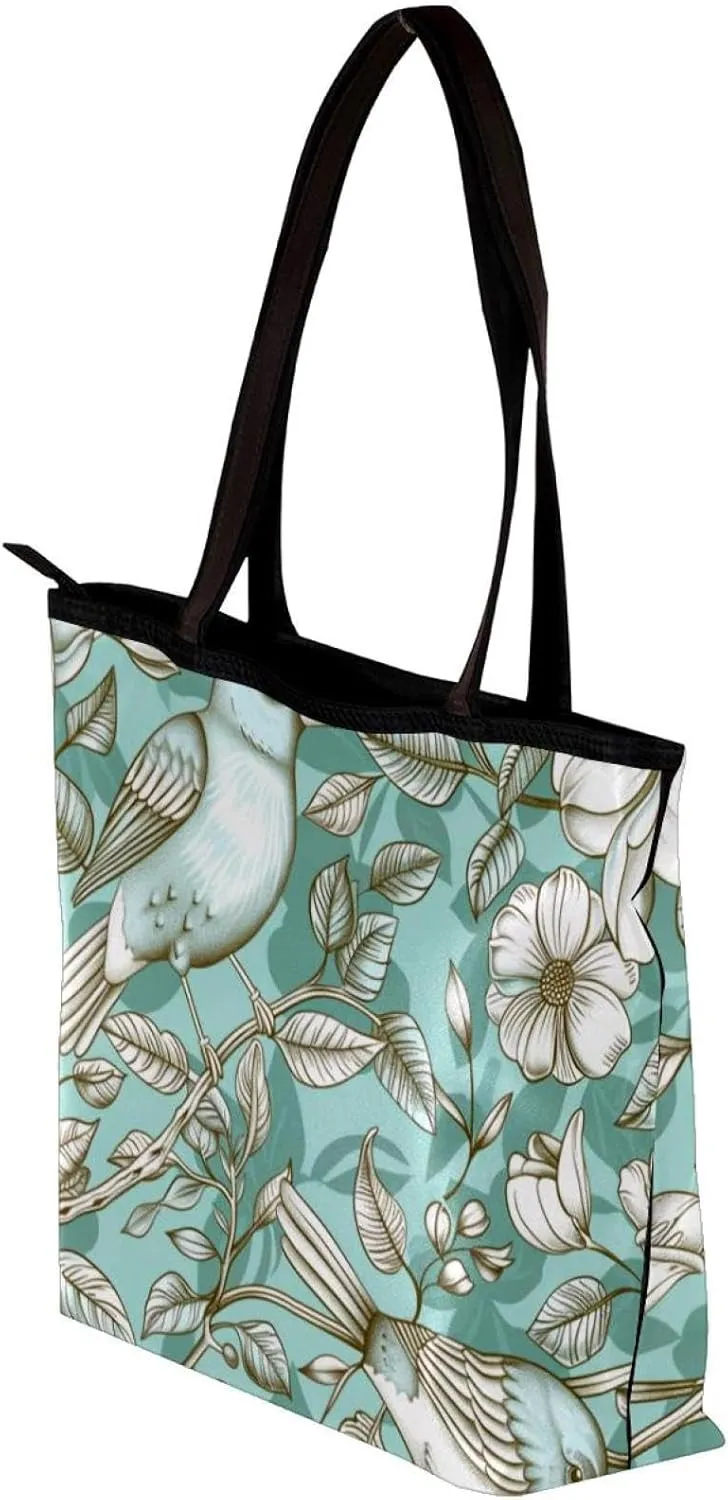 Tote Bag, Large Tote Bags for Women, Tote Bag with Zipper, Modern Flower Butterfly Hummingbird Vintage Art, Womens Tote Bag