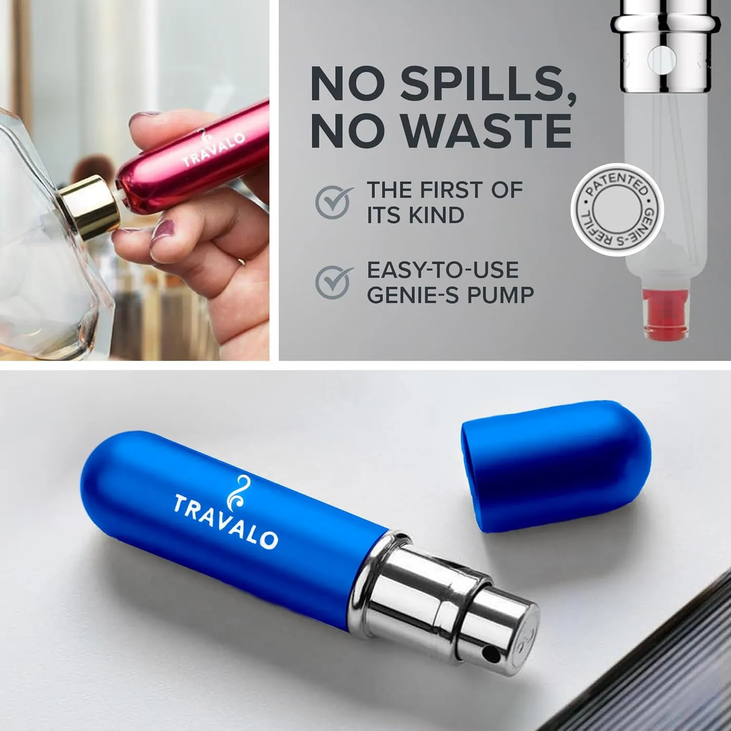 Travalo Classic HD Perfume Atomizer - Genie-S TSA Approved Travel Perfume Bottle Refillable - Reusable Airtight Easy-Fill Mini Pump Sprayer - Lightweight Elegant Design w/Volume Window - Blue - 0.17oz