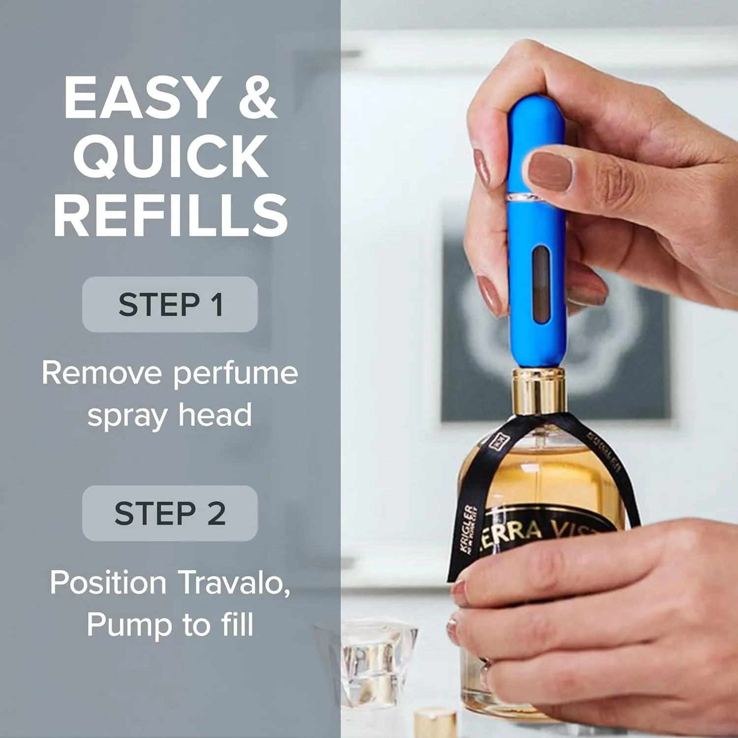 Travalo Classic HD Perfume Atomizer - Genie-S TSA Approved Travel Perfume Bottle Refillable - Reusable Airtight Easy-Fill Mini Pump Sprayer - Lightweight Elegant Design w/Volume Window - Blue - 0.17oz