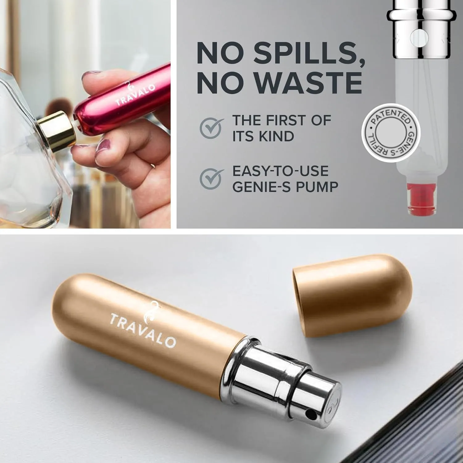 Travalo Classic HD Perfume Atomizer - Genie-S TSA Approved Travel Perfume Bottle Refillable - Reusable Airtight Easy-Fill Mini Pump Sprayer - Lightweight Elegant Design w/Volume Window - Gold 0.17oz
