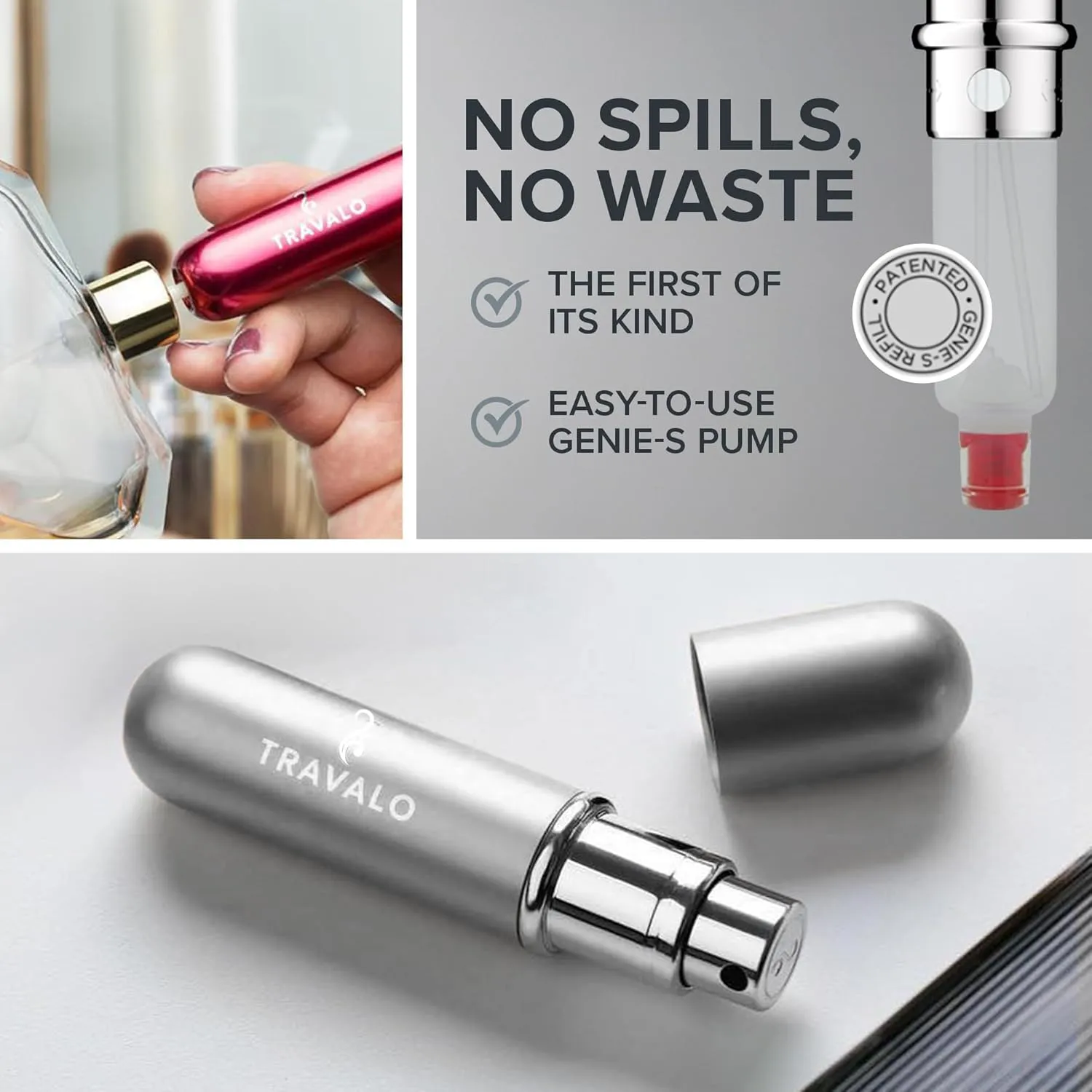 Travalo Classic HD Perfume Atomizer - Genie-S TSA Approved Travel Perfume Bottle Refillable - Reusable Airtight Easy-Fill Mini Pump Sprayer - Lightweight Elegant Design w/Volume Window Silver 0.17oz